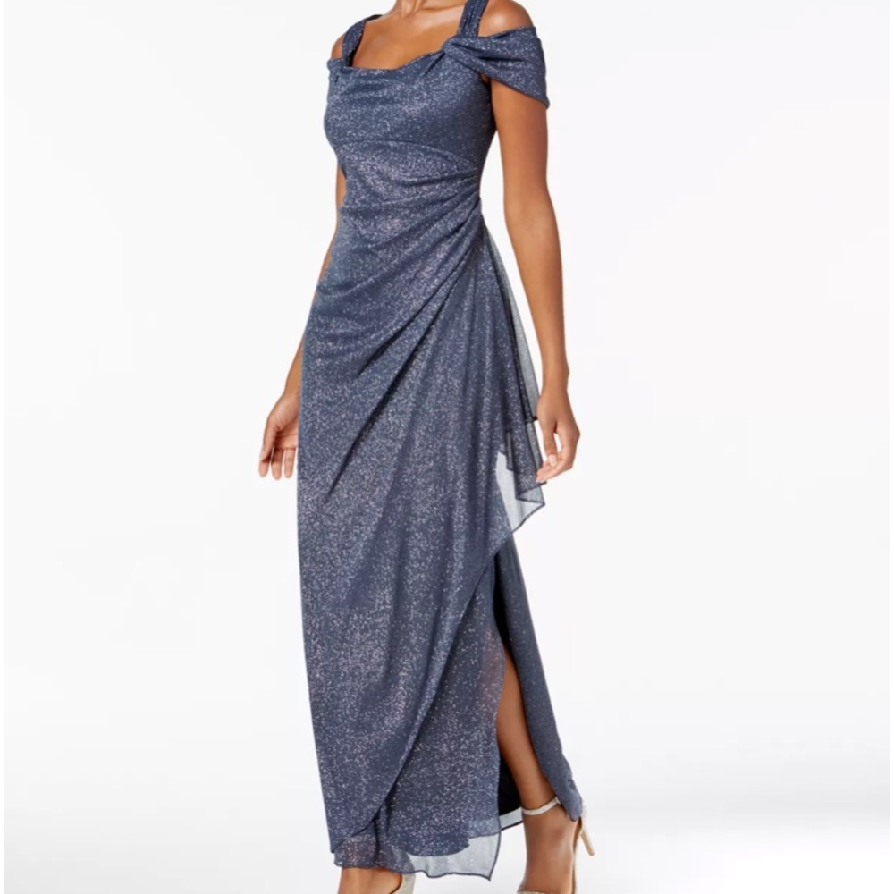 Cold-Shoulder Draped Metallic Gown 🤍